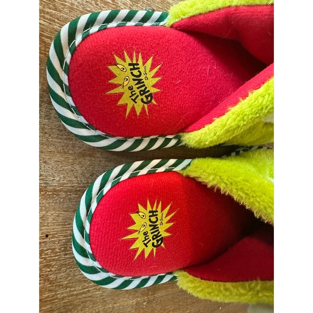 Dr Seuss The Grinch Kids Plush Christmas Slippers Green Santa Hat Size M 13-1
